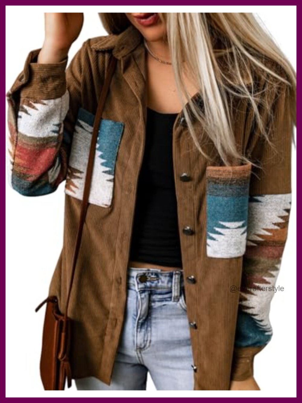 Corduroy Flannel Aztec Shacket Button Down Western Overshirt with Pockets
